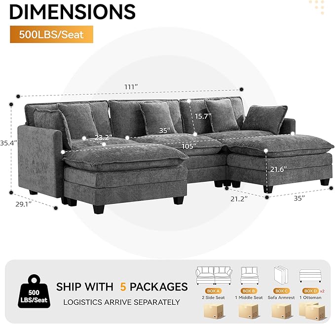 111'' Sectional Cloud Deep Seat Couch, Oversized Chenille U Shaped Sectional Sofa for Living Room Set, Comfy Upholstered Modular 3-Seats Sectional Sofa Couch with 2 Movable Ottoman, Grey