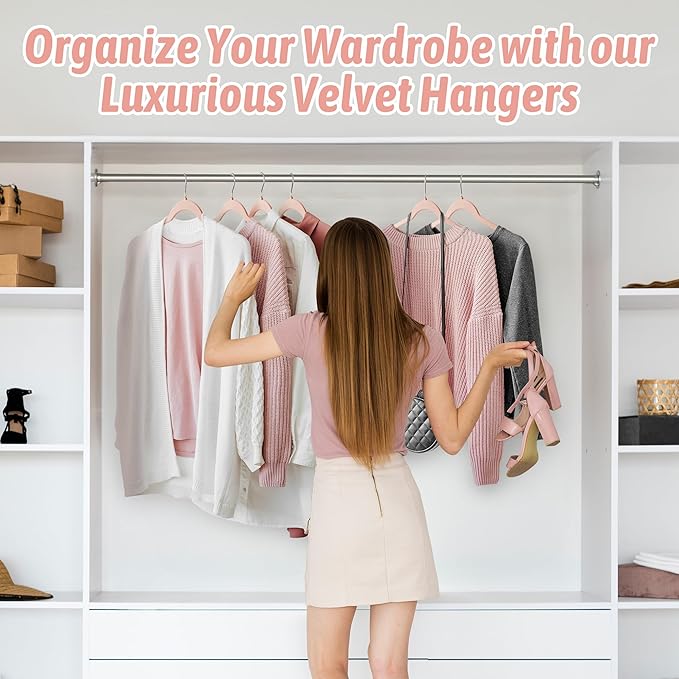 Premium Velvet Shirt Hangers 30 Pack, Non-Slip 360° Swivel Hook Space-Saving Felt Hanger, Slim Flocked Hangers for Blouses, Strappy Dresses, Tank Tops(Pink)
