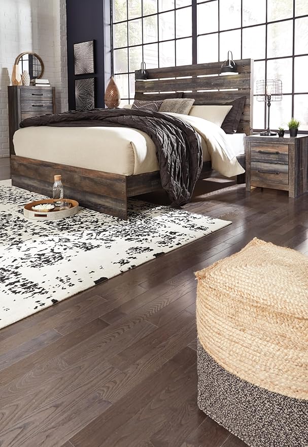 Signature Design by Ashley Drystan Rustic King Panel Bed with Sconce LED Lights, USB Ports and Nailheads, Foundation or Box Spring Needed, Dark Brown & Gray
