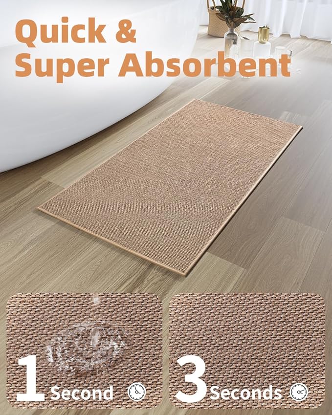 PADOOR Non-Slip Bath-Mats, Rubber-Backing Braided Absorbent Bathroom Mat, Machine Washable Thin Bathroom Rugs, Fit Under Door, Quick Dry, 24''x35'' Beige