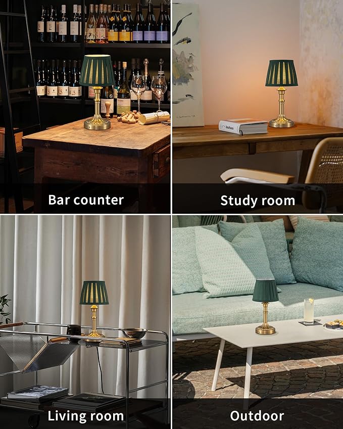 KDG Cordless Portables Table Lamp Set of 2, LED Fabric Shade Small Desk Lamps, 5000mAh Battery Powered Lighting, 2700K Stepless Dimmable Light for Living Room, Dining Room, Bedroom (Bronze+Green)