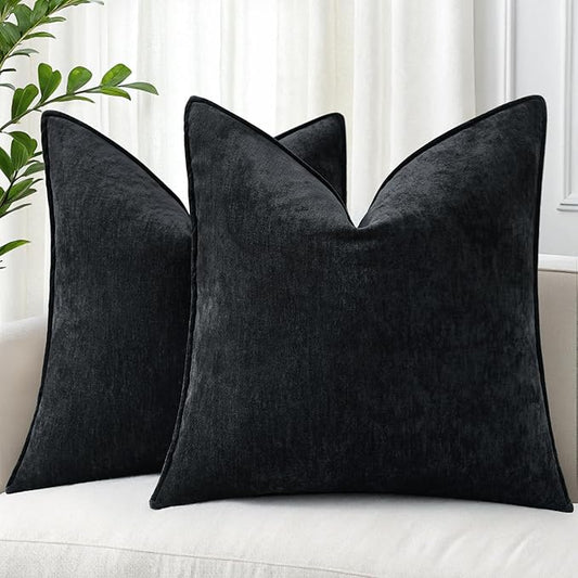 decorUhome Couch Throw Pillow Covers 16x16 Set of 2, Decorative Soft Euro Neutral Chenille Pillow Covers with Elegant Design for Sofa Bed Living Room Home Decor, Black