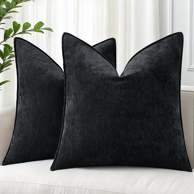 decorUhome Couch Throw Pillow Covers 24x24 Set of 2, Decorative Soft Euro Neutral Chenille Pillow Covers with Elegant Design for Sofa Bed Living Room Home Decor, Black