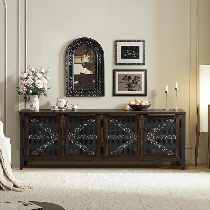 VFK 70 Inch Farmhouse TV Stand for 75 Inch TV, Rustic Entertainment Center with 4 Doors, Wood Media Console Cabinet with Storage, Living Room TV Cabinet