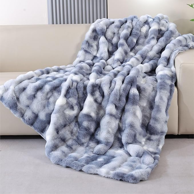Faux Fur Soft Fluffy Tie-dye Blue Throw Blanket for Living Room Bedroom Couch 60X80 Fuzzy Bubble Thick Throw Blanket Decorative Blanket Home Decor 860 GSM
