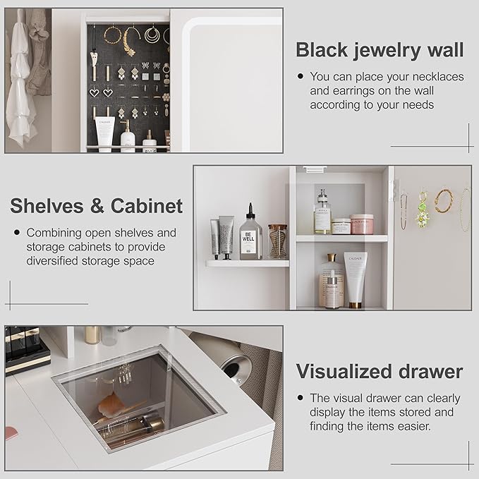 Fameill White Vanity Desk with Mirror and Lights,Makeup Vanity Table Set with Power Strip and Sliding Locker,Visual Drawer Dressing Table with 5 Drawers&Shelves&Cabinet,3 Lighting Modes