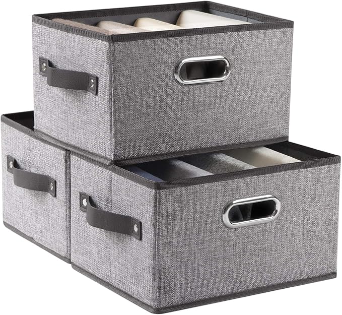PRANDOM Fodable Storage Bins for Closet [3-Pack] Decorative Fabric Storage Baskets Cubes with Leather/Metal Handles for Shelves Bedroom Living Room Grey (11.5x8.5x6.7 Inch)
