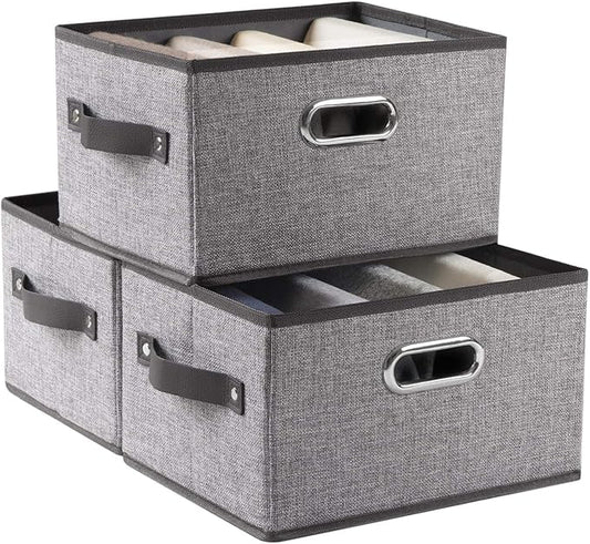 PRANDOM Fodable Storage Bins for Closet [3-Pack] Decorative Fabric Storage Baskets Cubes with Leather/Metal Handles for Shelves Bedroom Living Room Grey (11.5x8.5x6.7 Inch)