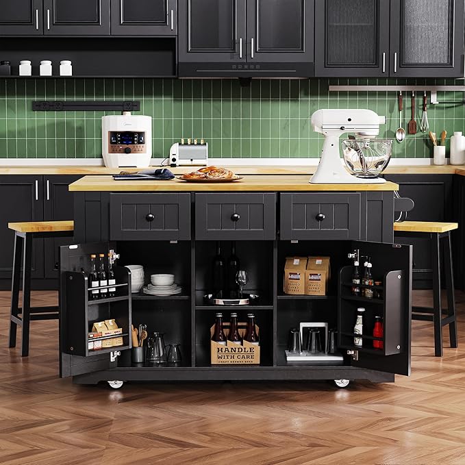 Large Kitchen Island Cart on 5 Wheels with 2 Bar Stools, Power Outlet, Drop Leaf, 3 Drawers, Kitchen Storage Cart with 5 Open Side Racks for Kitchen, Dining Room, Home Bar Black