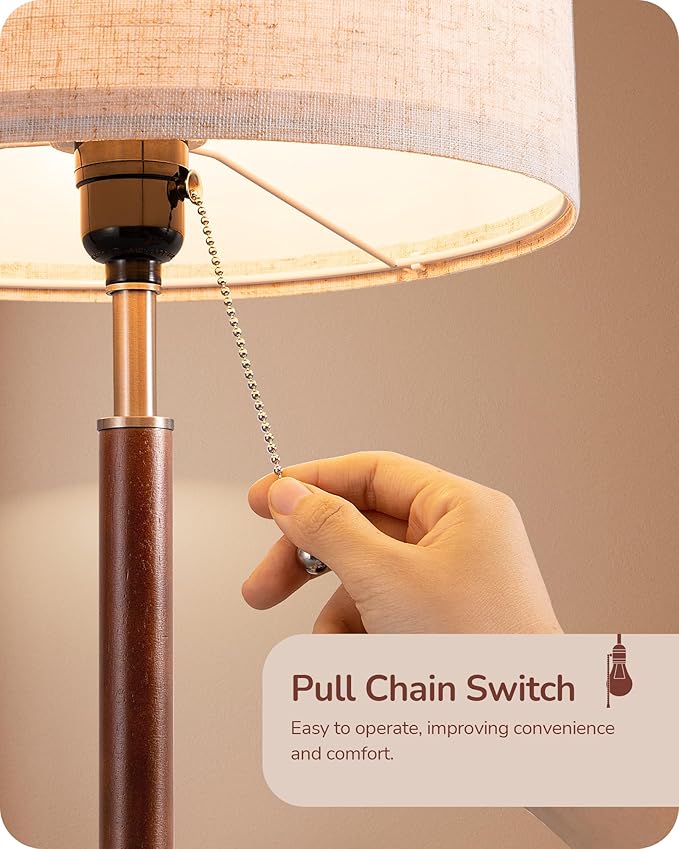 EDISHINE Mid Century Table Lamp Set of 2, Pull Chain Switch Bedside Lamp, Linen Shade, Solid Wood Pole & Brushed Nickel Metal Base, Modern Nightstand Lamp for Bedroom, Living Room, Office, E26 Base