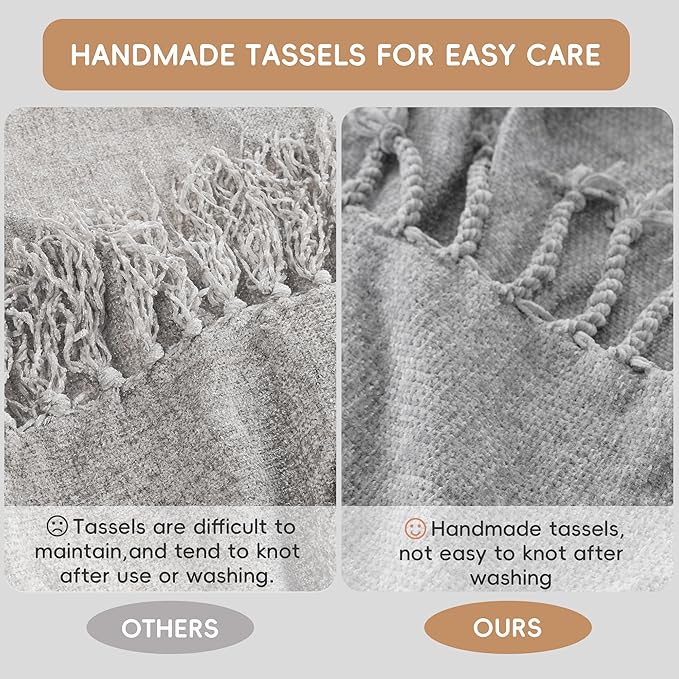 BATTILO HOME Gray Chenille Throw Blanket for Couch, Decorative Soft Knit Throw Blanket with Fringe Tassels, Lightweight Throw Blanket for Home Decor, 50"x60"