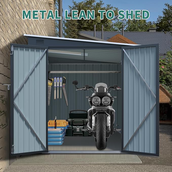6x8FT Galvanized Steel Outdoor Storage Shed with Lockable Double Doors, Metal Lean to Shed with Free PC Light Board for Tools, Bikes & Patio Essentials (Without Floors)