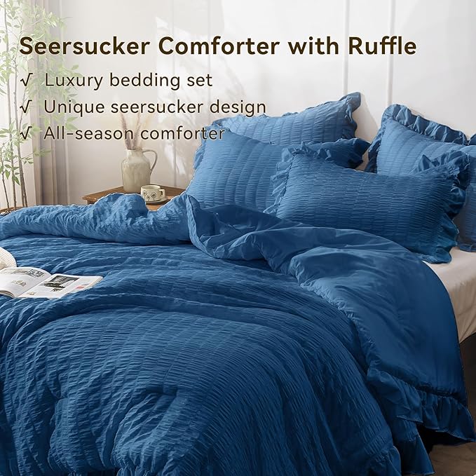 JOLLYVOGUE Teal Comforter Full Size, 3 Pieces Seersucker Lightweight Full Size Bedding, All Season Fluffy Microfiber Bedding Comforter Set with 1 Ruffle Comforter and 2 Ruffle Pillowshams