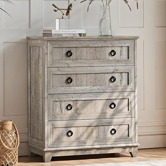 Farmhouse 4 Drawer Dresser for Bedroom Set of 2, 35" Tall Small Dressers & Chest of Drawers, Rustic Wood Dresser with Metal Handle, Storage Organizer Closet for Living Room, Hallway, Entryway