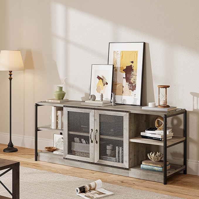 CABIHOME Farmhouse TV Stand for 65/75 Inch TVs, Entertainment Center with Storage Cabinet and Mesh Doors, Industrial Media Console Table, Furniture for Living Room, Light Grey