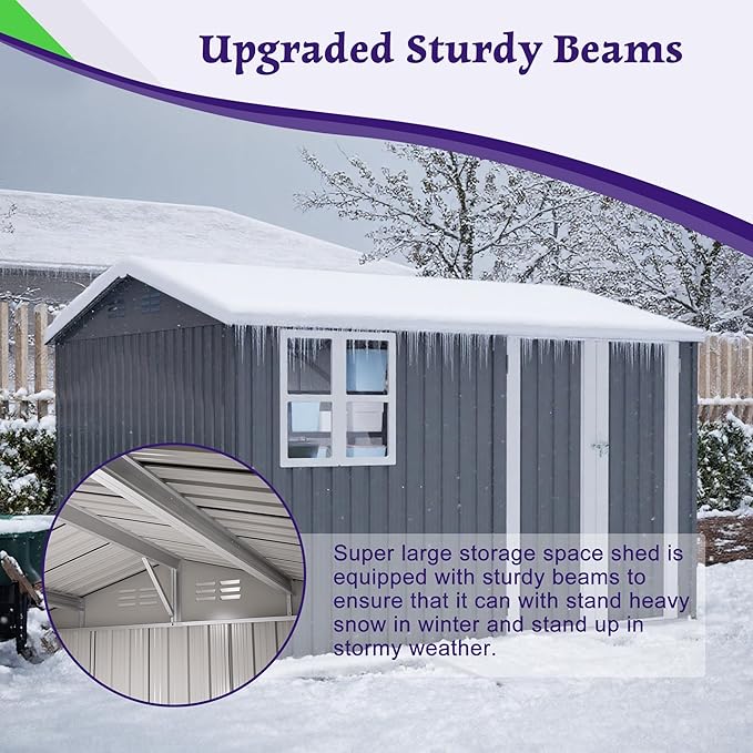 10 x 8 FT Outdoor Storage Shed with Floor, Metal Garden Tool Shed with Vents,Windows,Slooping Roof and Lockable Doors, All-Weather Bike Shed Easy to Assemble for Backyard, Patio, Lawn, Grey