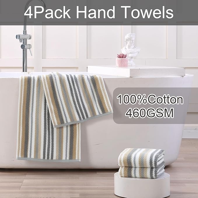 Beige Striped Hand Towels, Bathroom Hand Towels Set of 4, 16"x27" - 100% Cotton | Quick Dry | Absorbent | Light Weight, Soft Towel Set for Showering & Guest, Luxury Towel Gift, Tan and Gray Stripe