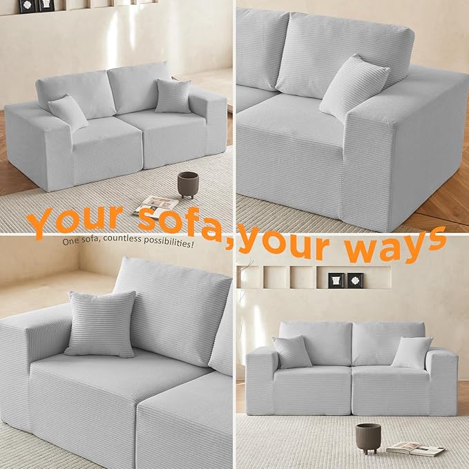 INGEROOM 79" Cloud Couch, Loveseat Sofa with Deep Seat, Modern Plush Corduroy Small Couch for Living Room Bedroom（Gray）