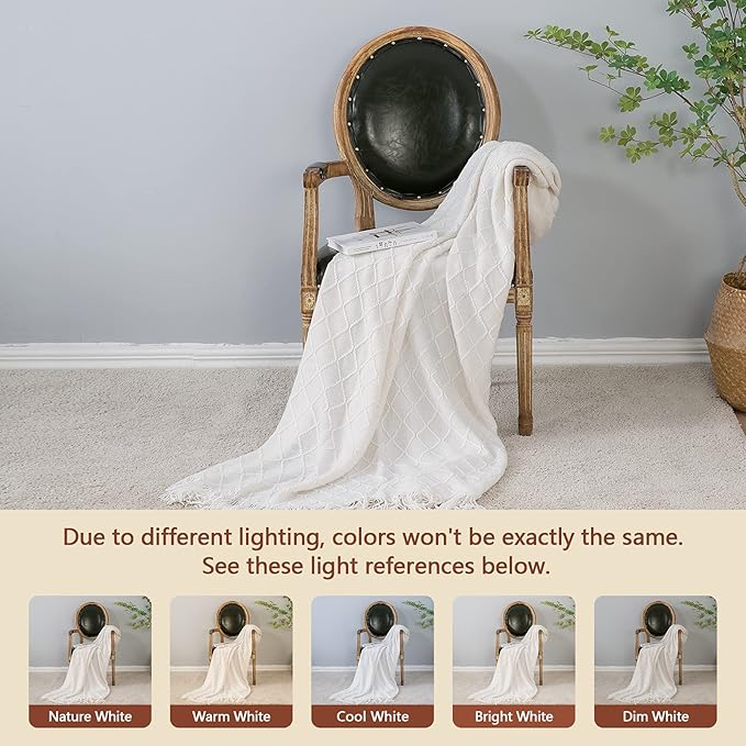 inhand Knitted Throw Blankets for Couch and Bed, Soft Cozy Knit Blanket with Tassel, Off White Lightweight Decorative Blankets and Throws, Farmhouse Warm Woven Blanket for Men and Women, 60"x80"