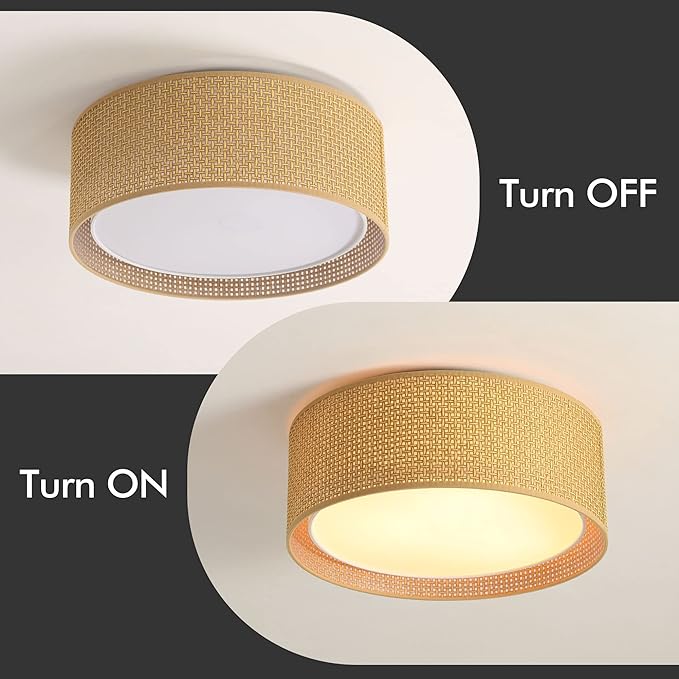 WINGBO 20" Modern 5-Light Flush Mount Ceiling Light Fixture with Fabric & Acrylic Double Drum Shade for Bedroom Living Room Dining Room Hallway Entryway, Brown