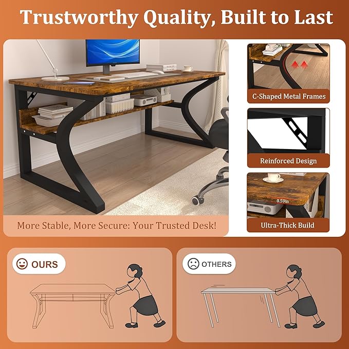 AZN Computer Desk, 55'' Computer Desk, Home Office Desks w/Storage, Home Office Desks w/U-Size Metal Frame for Home Office Bedroom, Study Writing Work Table w/Water-Resistant, Scratchproof Surface
