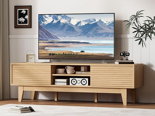 Fluted TV Stand for 55 65 Inch TV, Mid Century Modern Entertainment Center with Shelves, Cabinets & Sliding Doors, TV Media Console Table with Wood Feet & Cord Holes for Living Room, Bedroom, Natural