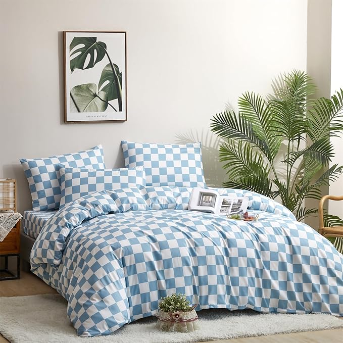 CLOTHKNOW Blue White Plaid California King Comforter Set 3Pcs Grid Bedding Comforter Sets Checker Comforter Blue White Comforter and 2 x Pillow Cases