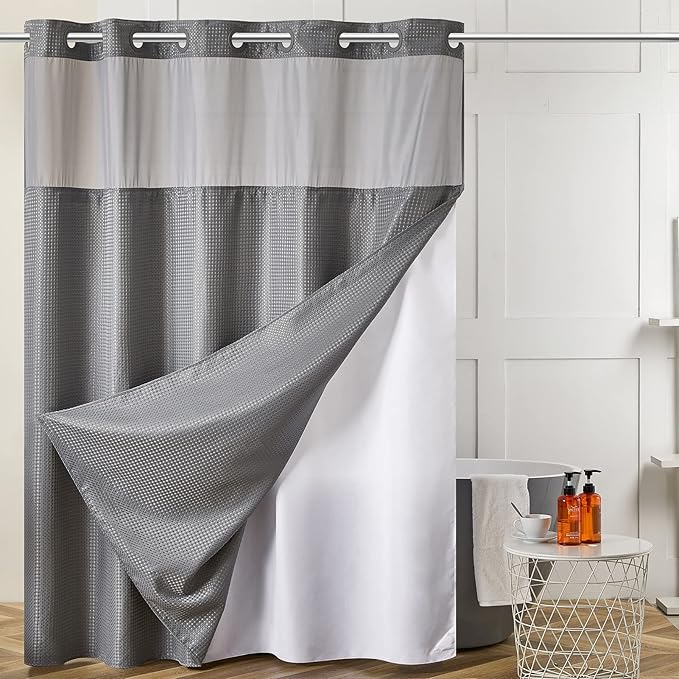 Furlinic Stall Size No Hook Shower Curtain with Snap in Liner,Waffle Weave Heavy Duty Fabric Bathroom Curtains with See Through Top Window,Waterproof & Machine Washable,Grey,54x80 Inch