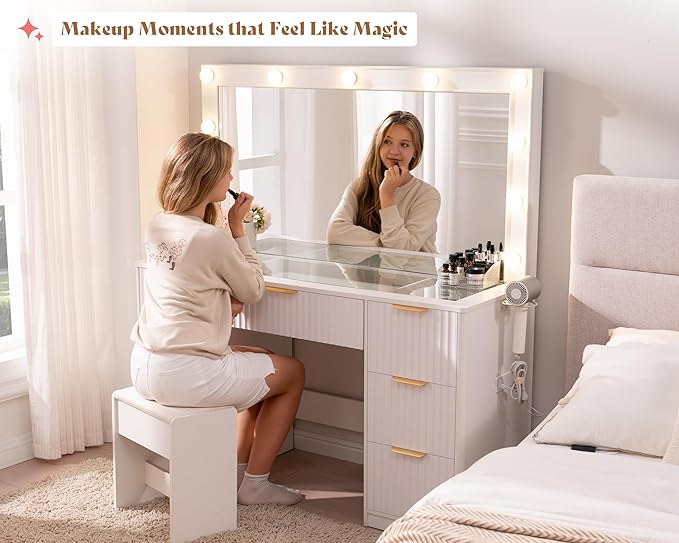 AMERLIFE 47.2" Fluted Vanity Desk with Large Mirror and Adjustable LED Lights, 7 Drawers Makeup Table with Glass Top and Charging Station for Women and Girls, Bedroom or Dorm, White