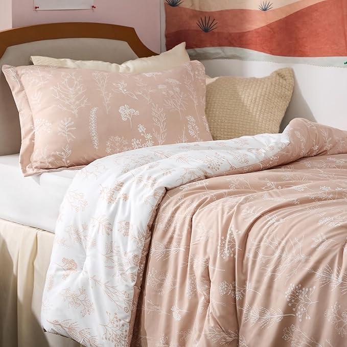 Bedsure Twin/Twin XL Comforter Set - Dusty Rose Bed Set, 2 Pieces Cute Floral Bedding, 1 Soft Reversible Botanical Flowers Comforter and 1 Pillow Sham