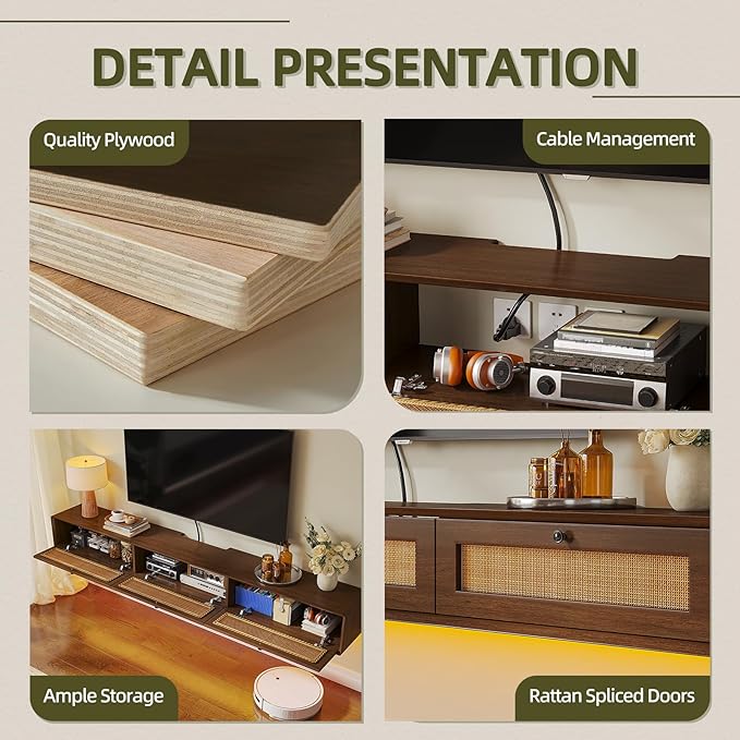 Fully-Assembled Floating TV Stand with 3 Rattan Doors, Rustic Floating Entertainment Center Under TV Shelf, Modern Large Storage Wall Mounted Media Console for Living Room Bedroom 70IN