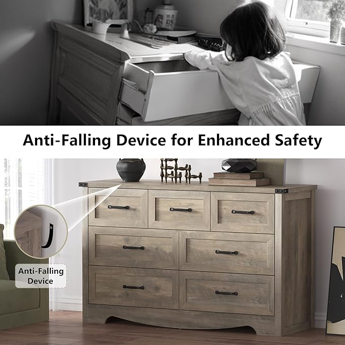 7-Drawer Dresser for Bedroom – 47" Wide Modern Wooden Chest with Natural Wood Texture, TV Stand & Storage, Metal Corner Brackets, Wood Drawer Organizer for Living Room, Hallway