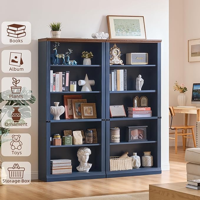 70" Blue Tall Bookshelf Set of 3,5-Tier Thick Wooden Book Shelf with Adjustable Shelves,Free Standing Farmhouse Bookcase with Open Display Storage,Floor Vintage Bookshelves for Living Room