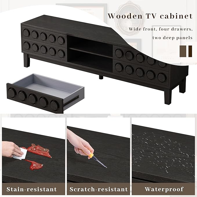 70" Modern TV Stand, Entertainment Center for Tvs up to 75", Unique Circular Design, TV Media Console with 4 Drawer & Open Storage for Living Room (Black)