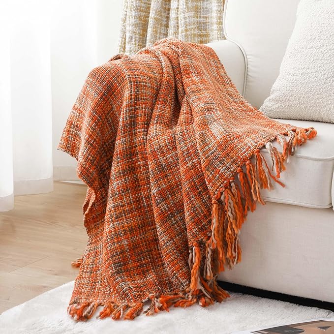BATTILO HOME Rust Orange Throw Blanket for Couch, Bed, Boho Colorful Throw Blanket with Tassels, Halloween Decor, Fall Throw Blankets for Home Decor, 50"x60"