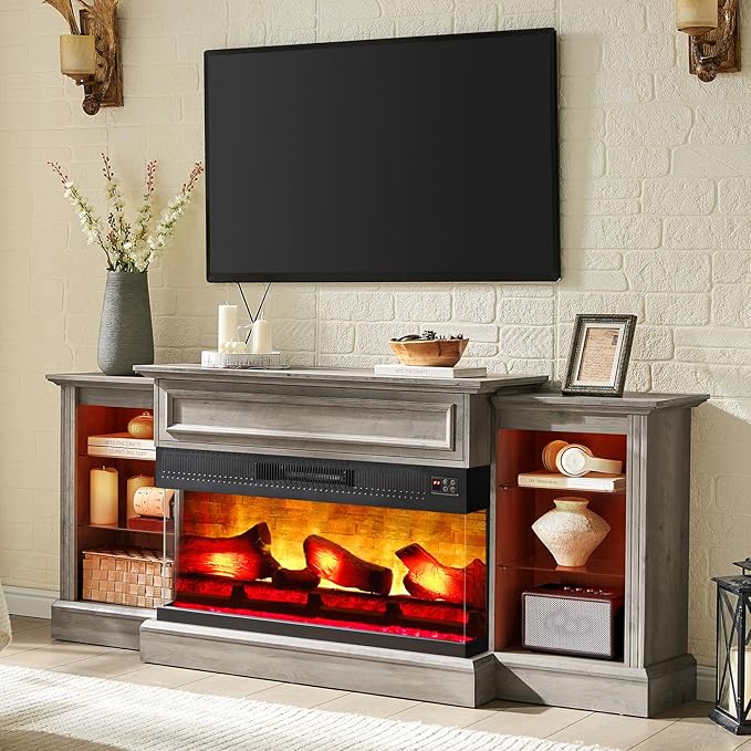 AMERLIFE 70" Farmhouse Electric Fireplace TV Stand, 3-Sided Entertainment Center with Mantel for TVs up to 75", Adjustable Shelves & LED Lights, Antique Black