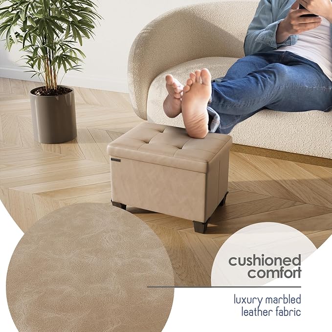 STORAGEBUD Storage Ottoman Cube with Small Bin, 16-in Square Ottoman with Storage for Living Room and Bedroom, Small Ottomans Foot Rest, Faux Leather Foot Stools Ottomans Max 330lbs, Taupe