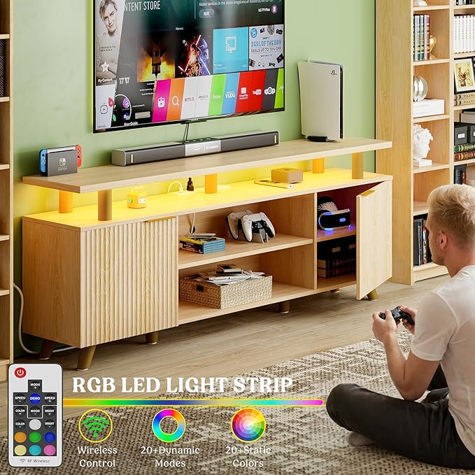 Lulive Modern TV Stand for 55/60/65/70 inch Television, Entertainment Center with Wooden Storage Cabinets and Power Outlet，Media Console for Living Room Bedroom (Natural Oak)