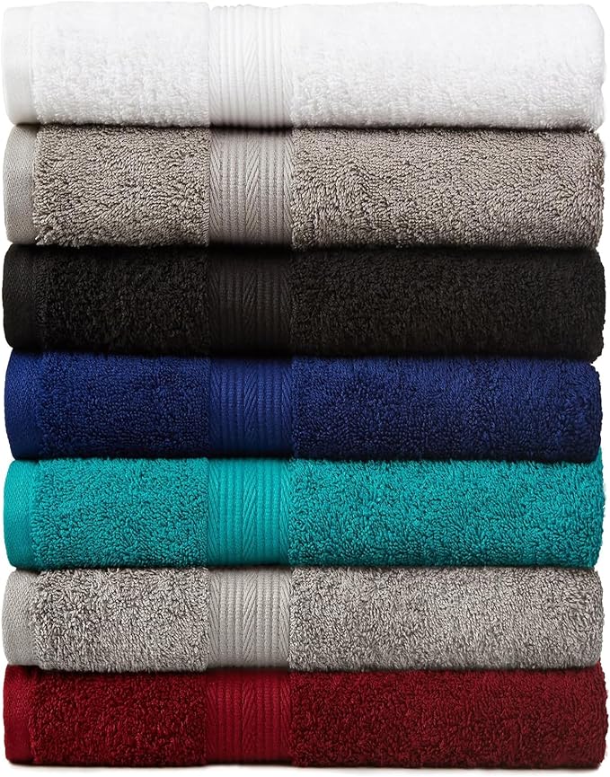 Amazon Basics 6 Piece Oversized Fade resistant Towel set, 100% Cotton towels for bathroom, soft and absorbent, 2 Bath Towels, 2 Hand Towels and 2 Washcloths bathroom towel set, White