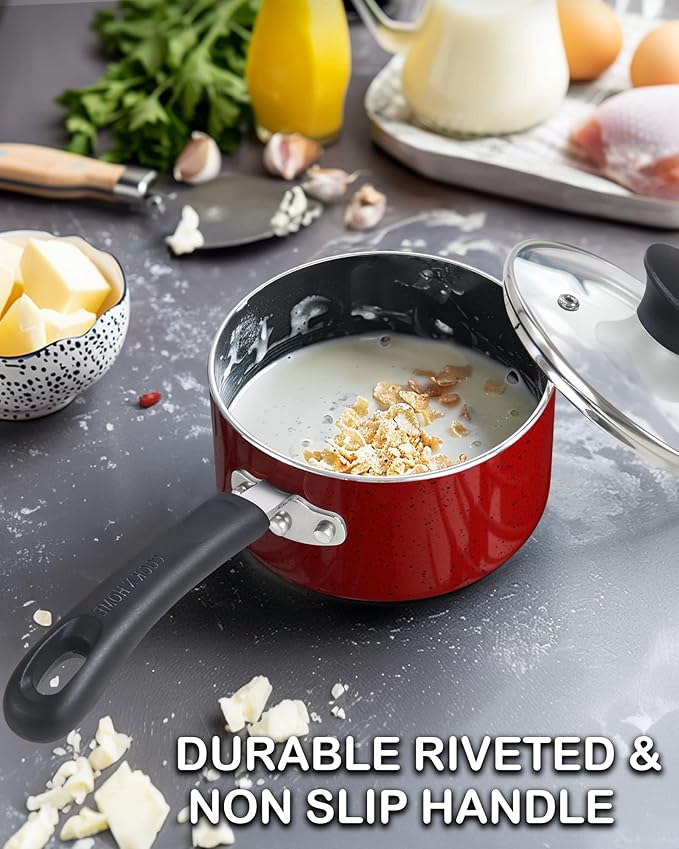 Cook N Home Non Stick Sauce Pan, 2 Quarts Saucepan with Glass Lid, Nonstick Small Multi-purpose Pot, Milk Chocolate Aluminum Cooking Pot Pan with Stay-Cool Handle, Marble Red