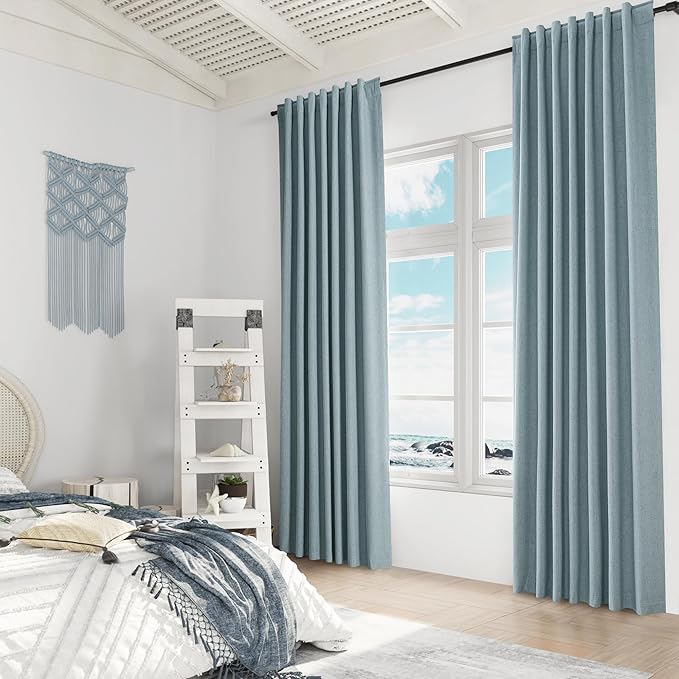 Guken Blue Linen Blackout Curtains 96 Inch Length 2 Panels Set for Living Room Bedroom Back Tab Thermal Insulated 100% Black Out Linen Drapes Room Darkening Window Curtains 96 Inches Long Dusty Blue