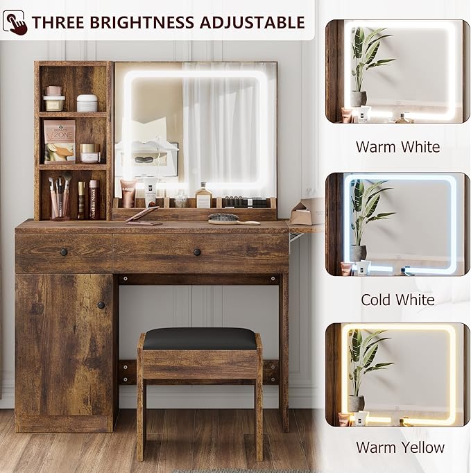 GarveeHome Makeup Vanity Desk with Mirror and Lights, Vanity Table Set with Drawer & Power Outlet ＆ Chair & 3 Shelves, Bedroom, Brown