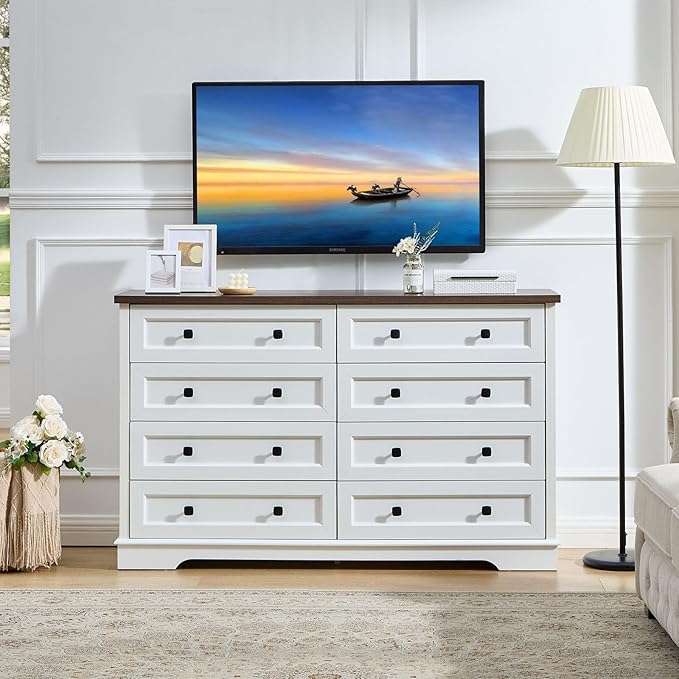 LIDYUK 8 Drawer White Dresser for Bedroom Farmhouse Dresser Chest of Drawers, 55" Wide Clothes Organizer Wood Chest of Drawers for Bedroom, Living Room