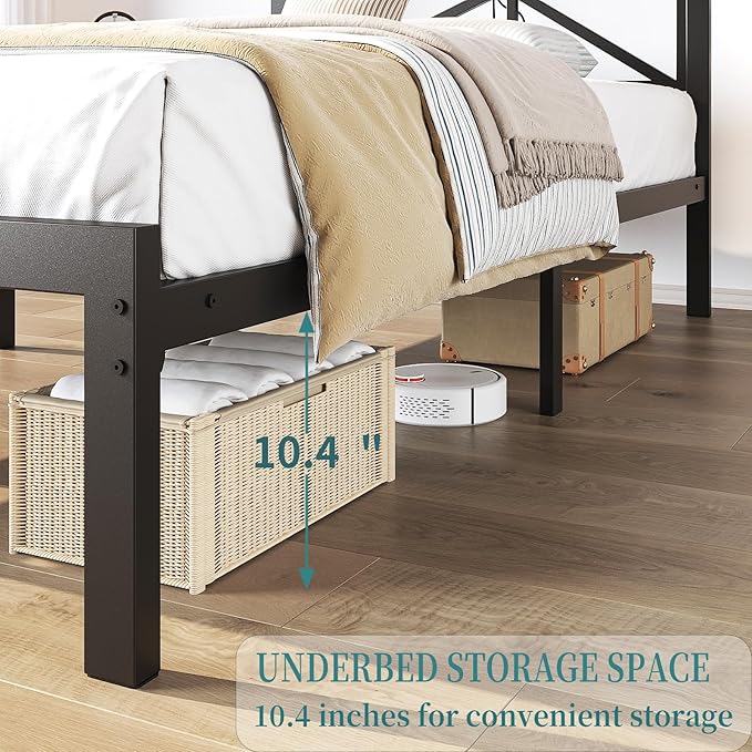 Queen Size Black Metal Bed Frame with USB Charging Station, LED Ambient Lighting, and Wooden Storage Headboard - Includes Under-Bed Storage, No Box Spring Needed, Noise Free, Easy Assembly