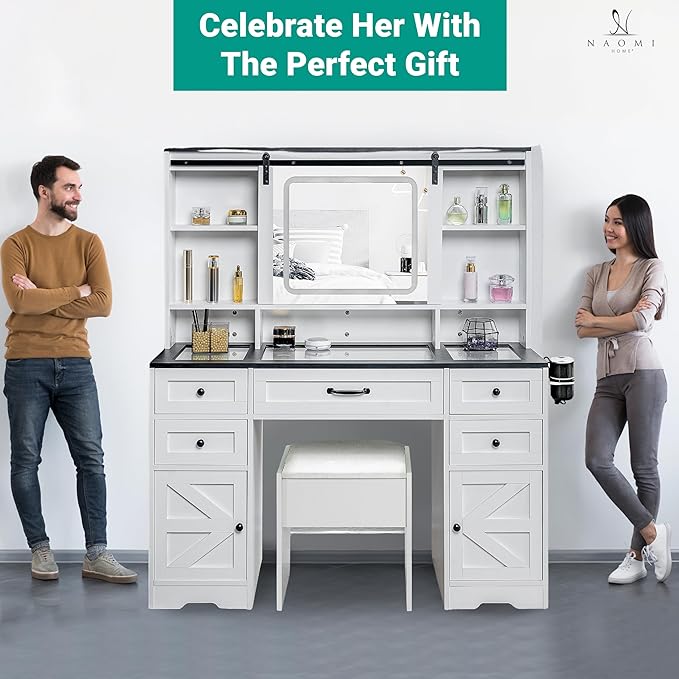 Naomi Home Vanya 47" Makeup Vanity with Sliding Mirror and Lights Farmhouse Vanity Table with 5 Drawers 2 cabinets Visible Glass top and 3 Color Lighting Modes Charging Station with Stool