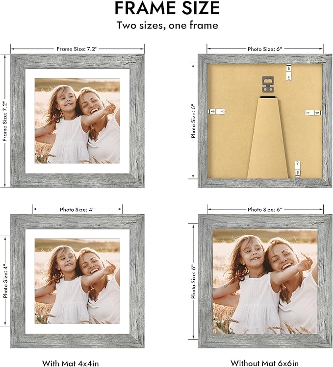6x6 Picture Frame with Glass, Display Pictures 4x4 with Mat or 6 x 6 without Mat - Wall and Tabletop, 6 by 6 Photo Wooden Frames (Grey, 1 Pack)
