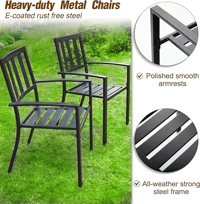 PHI VILLA 7 Pieces Outdoor Dining Set for 6, 65” Wood-Like Metal Steel Dining Table & Stackable Iron Dining Chairs, Large Dining Furniture Set for Patio, Deck, Yard, Porch