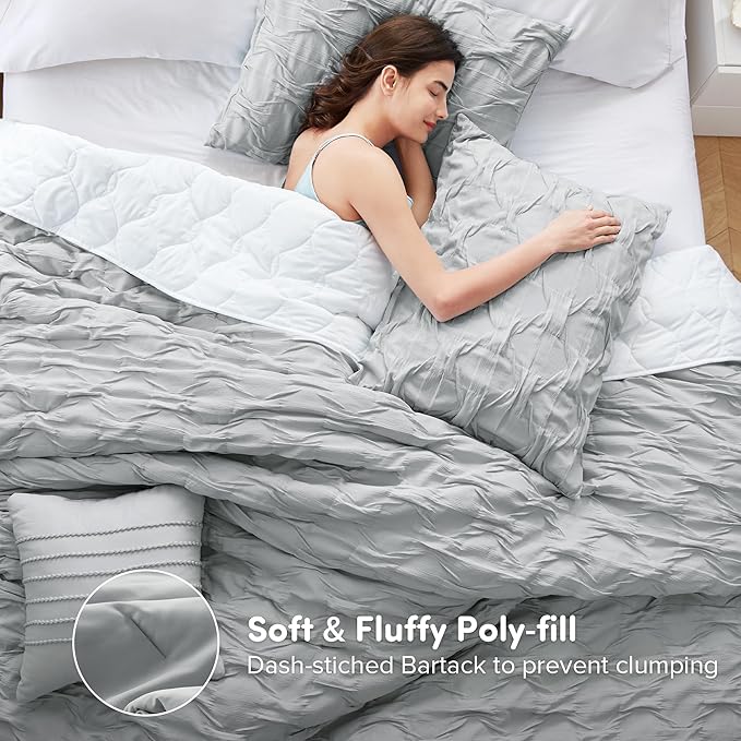 Comfort Spaces Twin/Twin XL Comforter Set for College Ogee Ruched Crinkle Texture Breathable Comforter Set Twin Dorm All Season Lightweight Bedding Set Shabby Chic Décor Pilow Grey 3 Piece