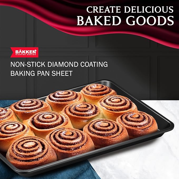 BAKKEN Kitchen Baking Pans - Small, Medium, and Large Cookie Pan (13.58×9.65, 15.75×11, 17.91×12.60), Nonstick, Diamond Texture Bottom, PFOA, PFOS, PTFE Free, Oven Safe Tray (450°F), Pack of 3, Gray