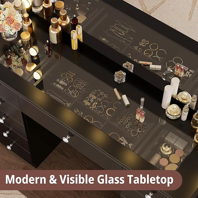 IRONCK 46'' Makeup Vanity Set with LED Mirror & Power Outlet - 11 Drawers, Glass Top, Hair Dryer Rack, Dressing Table with Storage Bench for Bedroom, 3 Lighting Color Adjustable, Black